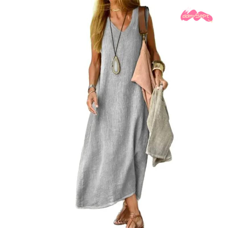 Women V Neck Pullover Cotton Linen Dresses Solid Color Loose Waist Dress Female Summer Daily Comfortable Casual Sleeveless Gown ddmysept