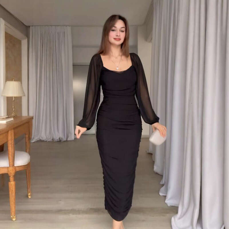 Spring New Women's Pleated Solid Color Waist-Cinching Elegant Fashion Dress B5