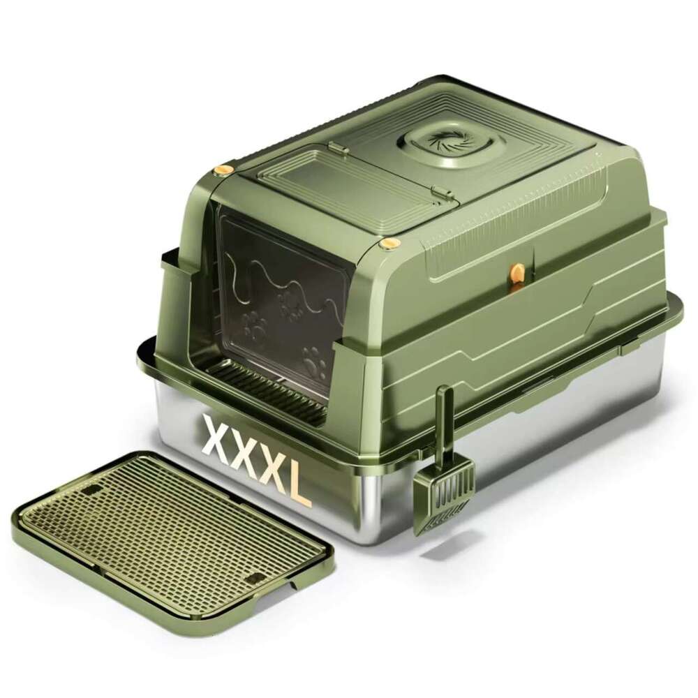 Large Top Entry Enclosed Stainless Steel Cat Litter Box with Lid and Scoop for Big Cats Odor Control