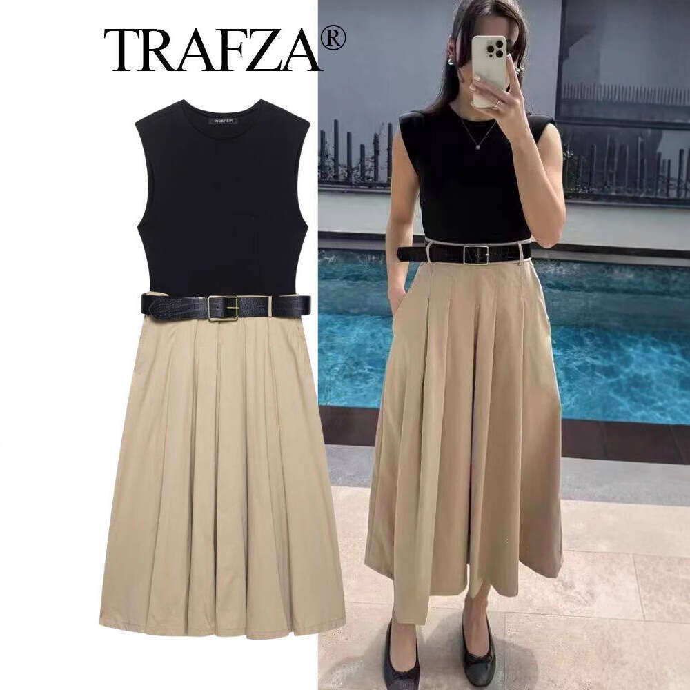 TRAFZA Summer Women's Round Neck Belted Satin Feel Long Dress B5