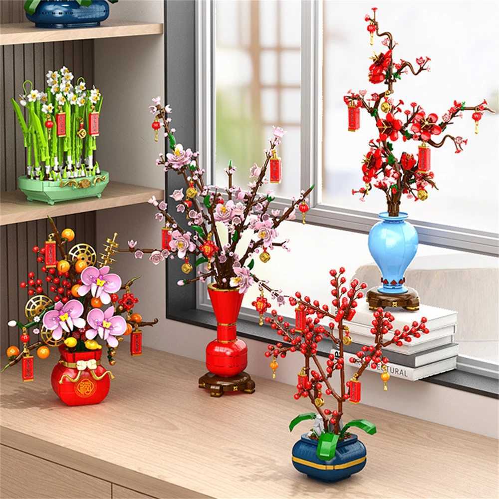 City Creativity Flower Bouquet Peach Blossom Narcissus Bonsai Potted Plant Building Blocks Model Home Decoration Toy For Kids W250715