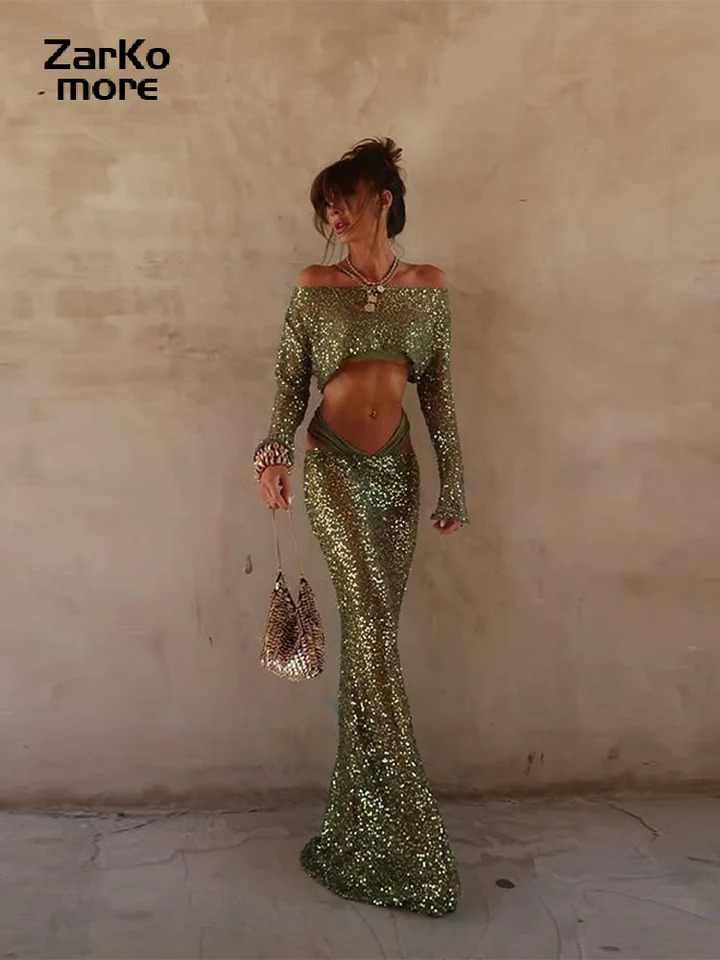 Beach Sequin Crop Top Long Skirt Set Women Slim Slash Neck Long Sleeve Jumper Mermaid Skirt Summer See Through Green Outfit 250714