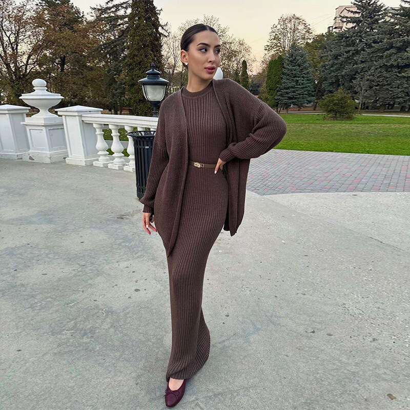 Russian Autumn Winter New Casual Round Neck Lazy Style Cardigan Knitted Suit Dress B5