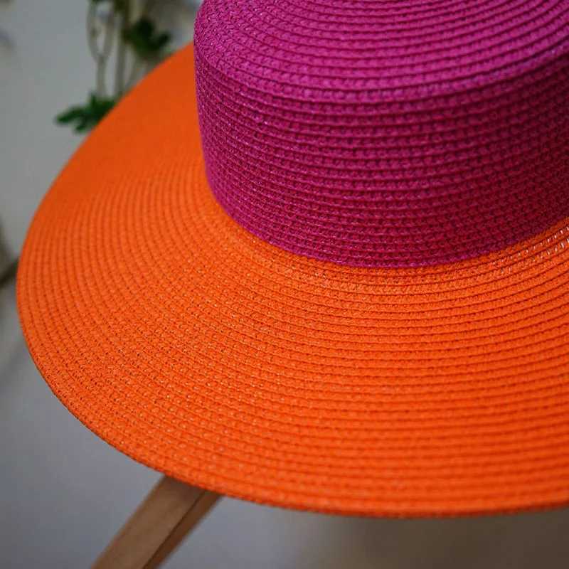 Wide Brim Hot Pink Orange Patchwork Str Hats Flat Top Boater Hat Ladies Church Wedding Party Hat Dey Vocation Beach Hat W250715 - view 6