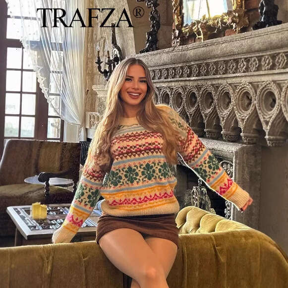 TRAFZA Style Women's New Color-Block Jacquard Loose Long-Sleeve Crew Neck Knit Sweater B5