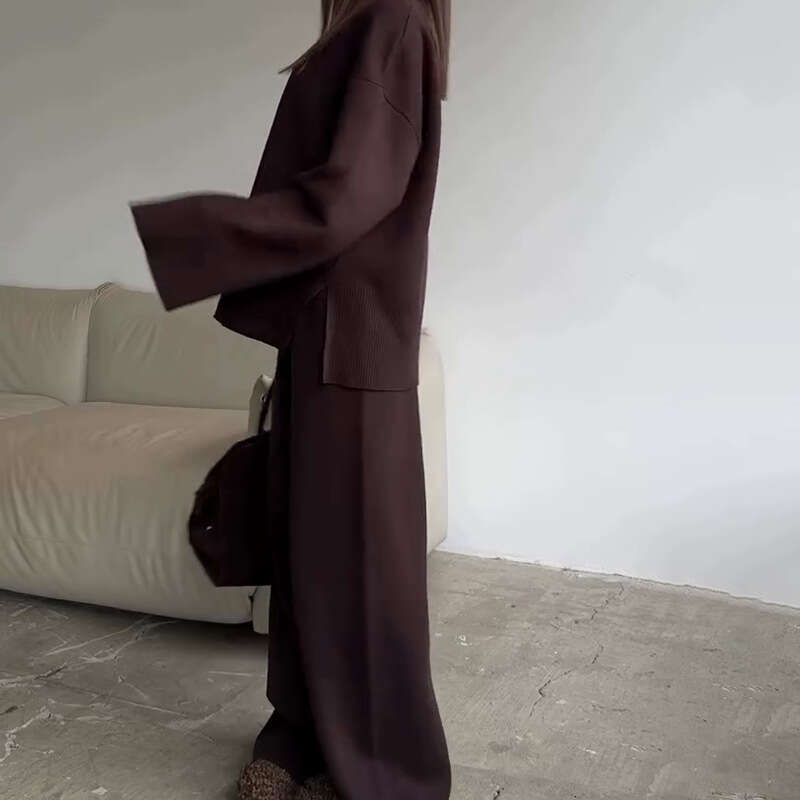 Women's Clothing Spring New Solid Color Round Neck Fashion Casual Wide Leg Pants Sweater Set For Women B5