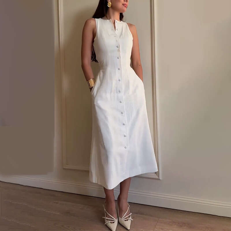 Summer New Women's Sleeveless Button Waist-Cinching Elegant Fashion Dress B5
