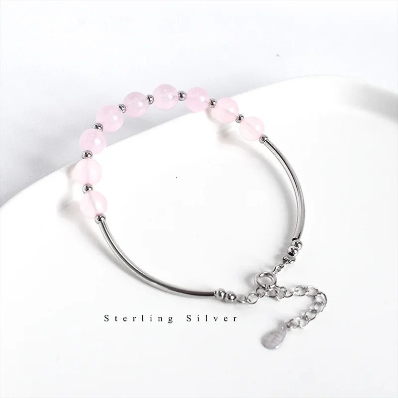 Light Pink Natural Rose Quartz 925 Sterling Silver Strand Bracelets Bangles for Women Female Fine Jewelry Accessories YBR165 250711