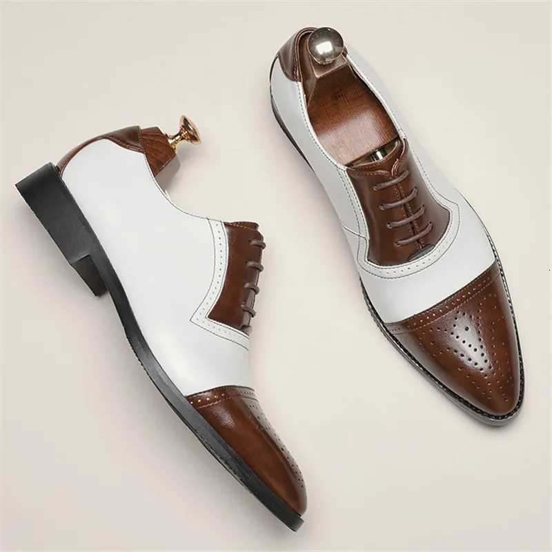 New Mens Pointed White Black Brown Mixed Brogues Leather Shoes Italian Gentleman Wedding Dress Formal Party Business Footwear Y250715
