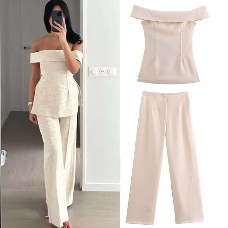 TRAFZA Women's INS Side Slit Off-Shoulder Top And Long Pants Set B5
