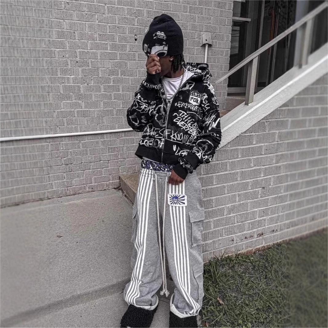 American high street workwear double waisted sweatpants leaf camouflage heavy striped loose wide leg pants y240910