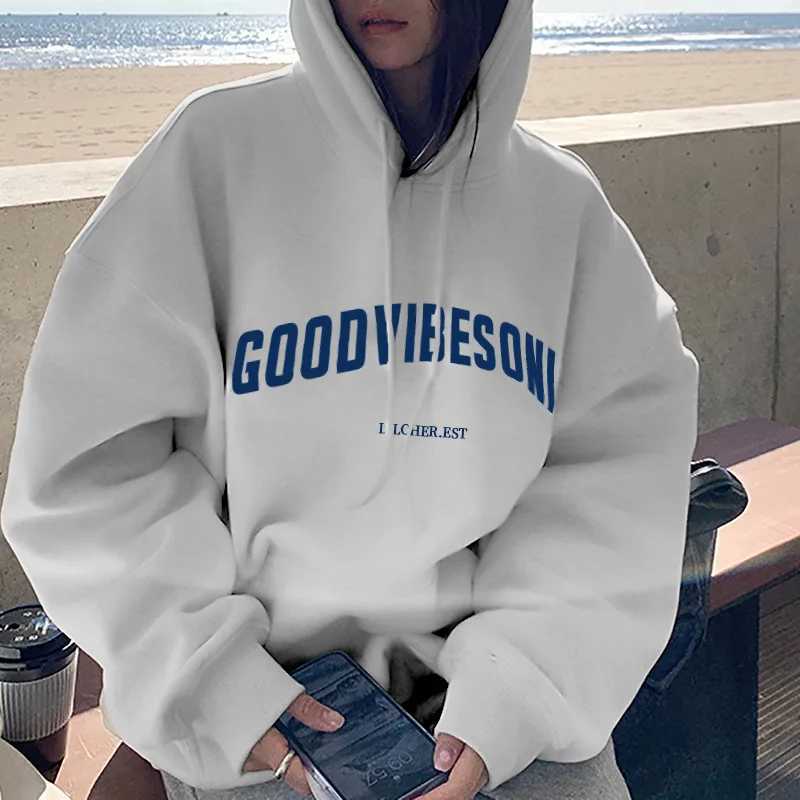 Autumn Fleece Hoodie Solid Color Letter Hooded Korean Fashion Sweatshirts Long Sleeve Top Drawstring Pockets Loose Hoodies X2507151