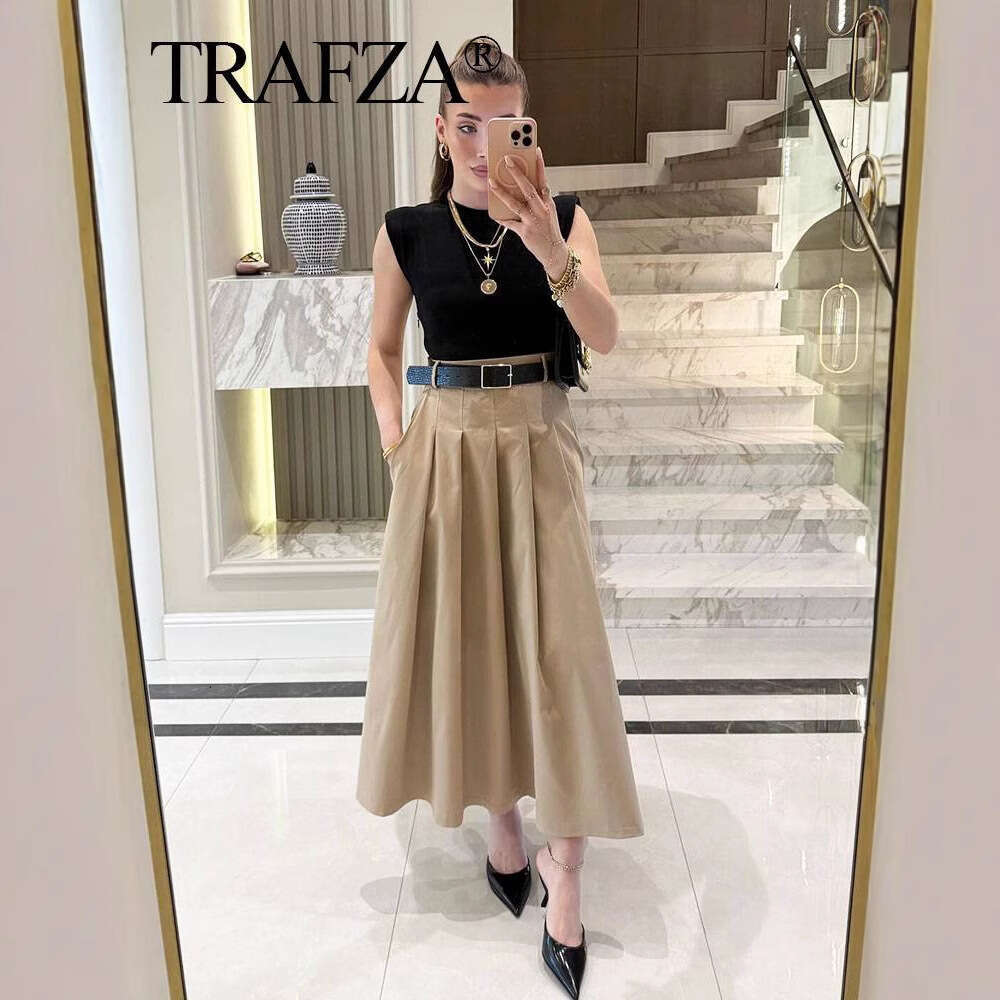 TRAFZA Summer Women's Round Neck Belted Satin Feel Long Dress B5