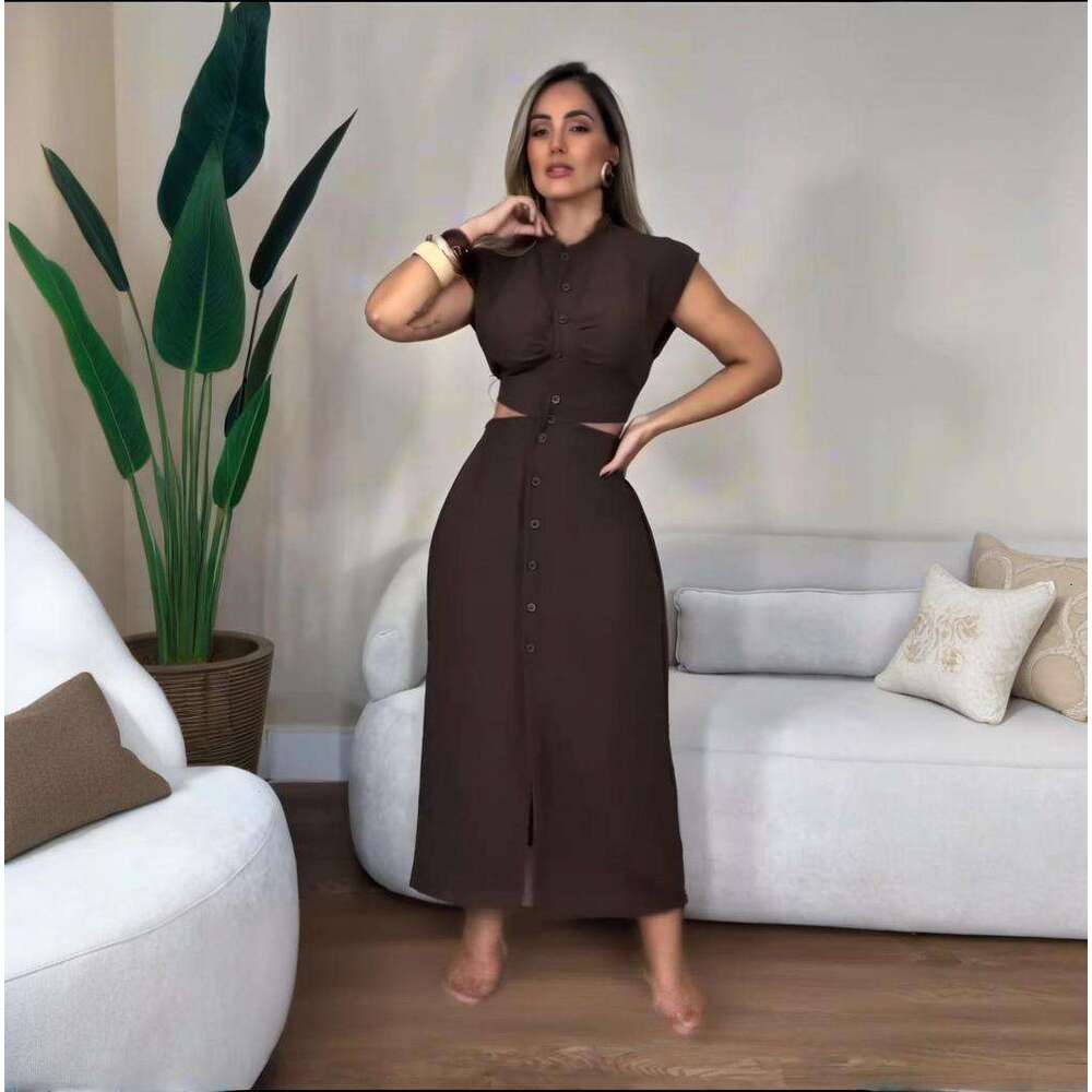 Summer New Women's Clothing Button Hollow Sleeveless Round Neck Elegant Casual Long Dress B5