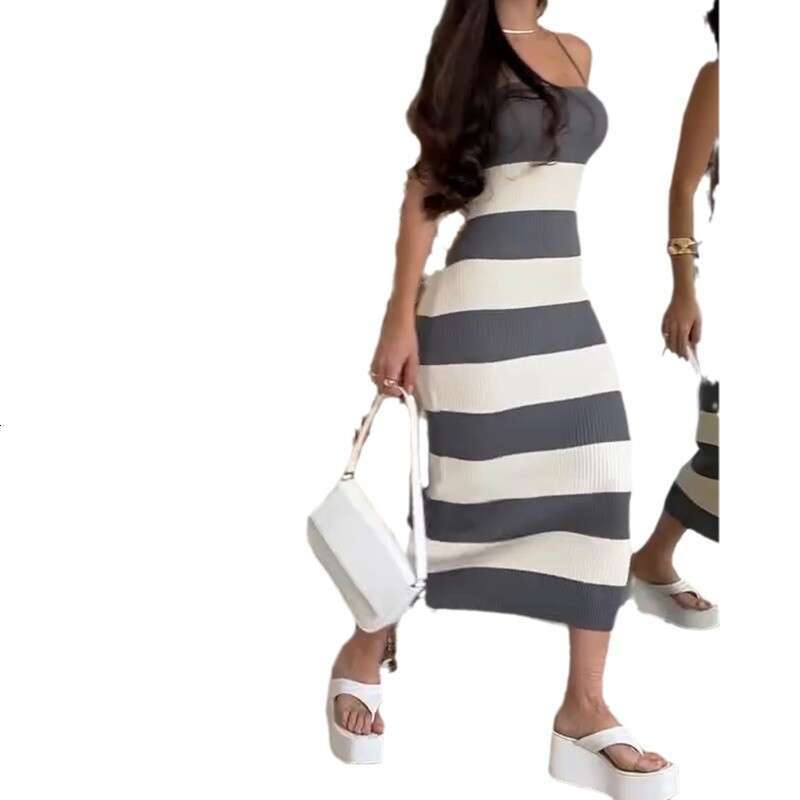 Summer New Knitted Sexy Color Block Fashion Vacation Beach Long Dress Women's Clothing B5
