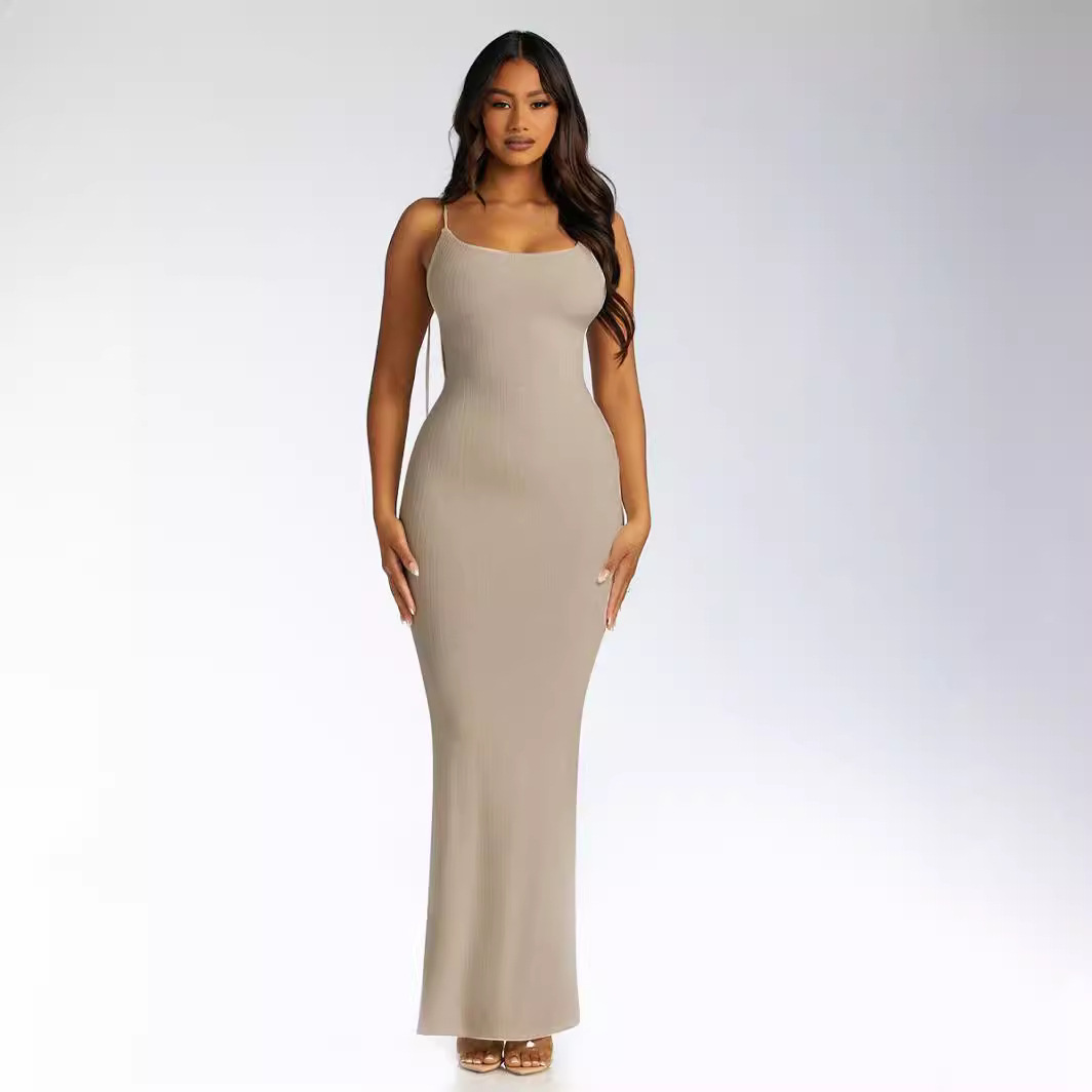 Basic & Casual Dresses Plunging back with straps spaghetti strap long slim-fit temperament dress