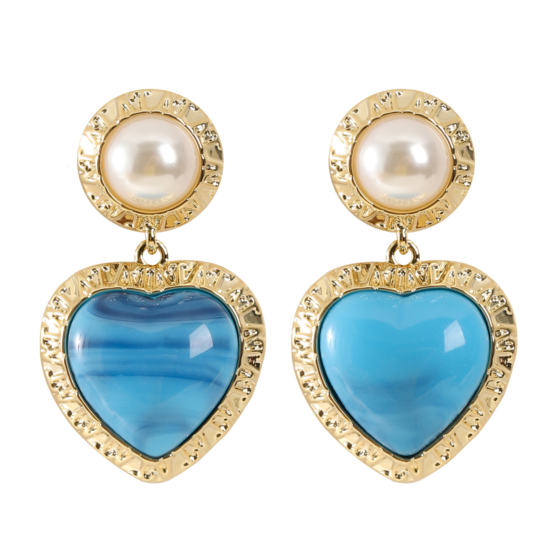 Sier Needle French Vintage Style Blue Turquoise Heart Pendant Pearl for Women High-end Niche Earrings