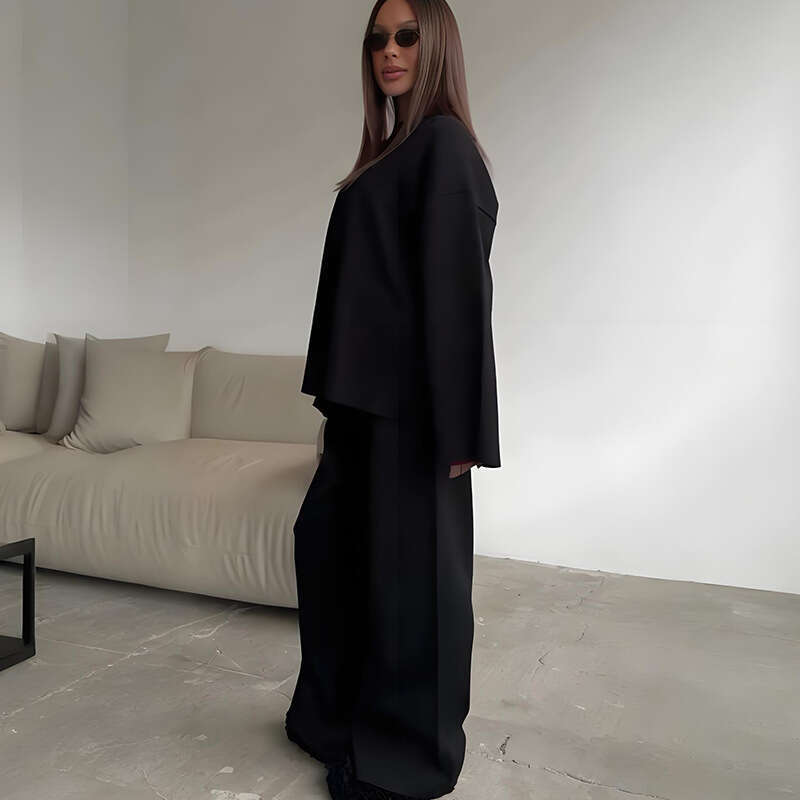 Women's Clothing Spring New Solid Color Round Neck Fashion Casual Wide Leg Pants Sweater Set For Women B5