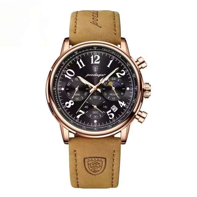 DHgargets Men's Multifunction Watch - 30M Waterproof Chronograph with Moon Phase & Date, Rose Gold Accent Canvas Strap (Model 808)