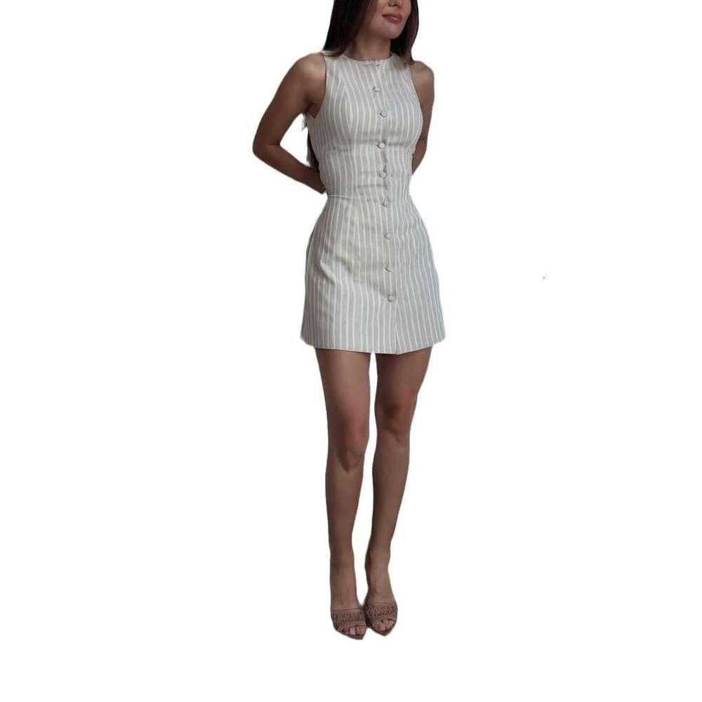 Summer Women's Solid Color Button Tie Waist Fashion Short Dress B5