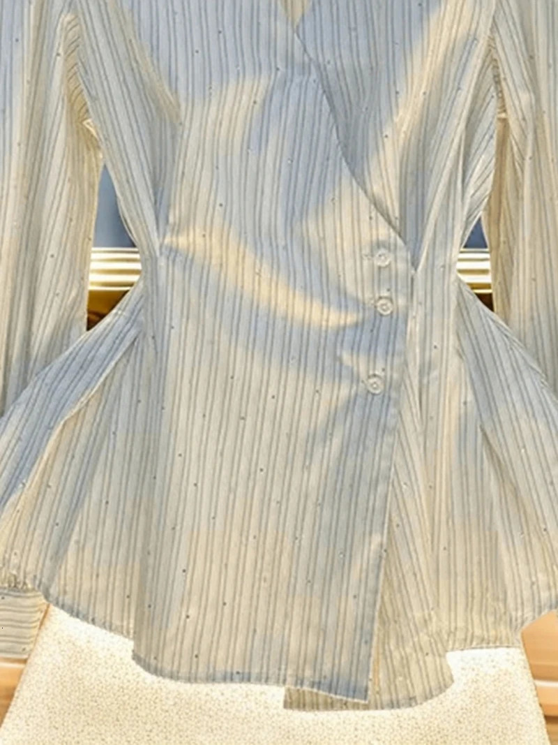 French Striped Long Sleeved Shirt Women Autumn 2025 Elegant Turndown Collar Waist Cinched Top Temperament Dress Hemline Blouse 250714