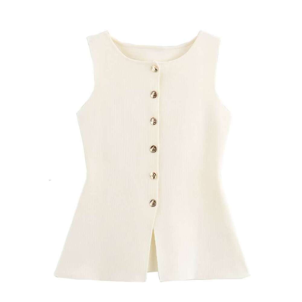 TRAFZA Style Spring Sleeveless Slim Fit Plain Knit Gold Button Vest Women's Knitted Top B5