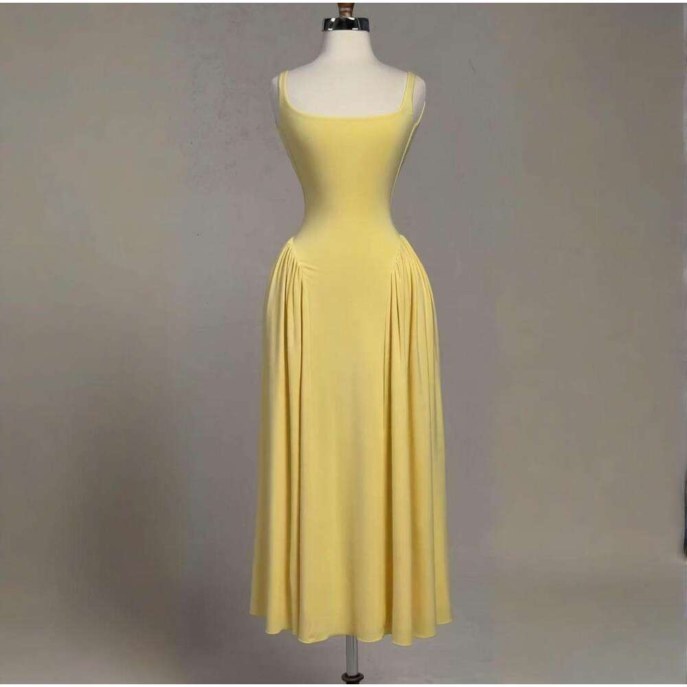 Summer New Women's Solid Color Square Neck Elegant Loose Pleated Sleeveless Plus Size Dress B5