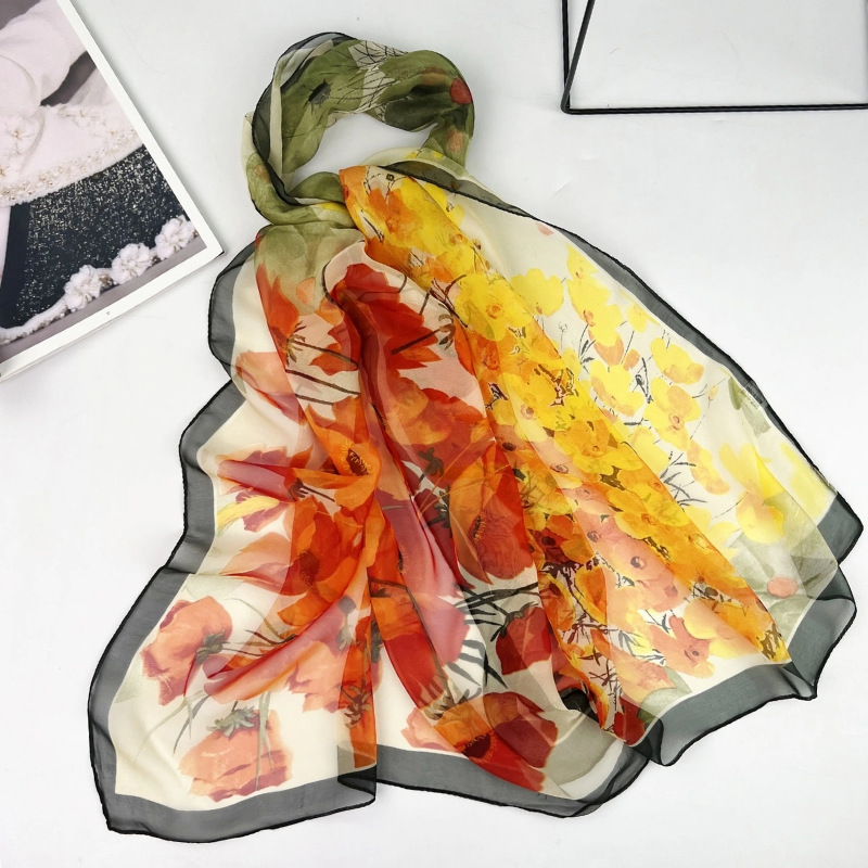 K1361 Summer thin art print silk scarf for women Fashion medium and long Georgette scarf sunscreen scarf versatile shawl