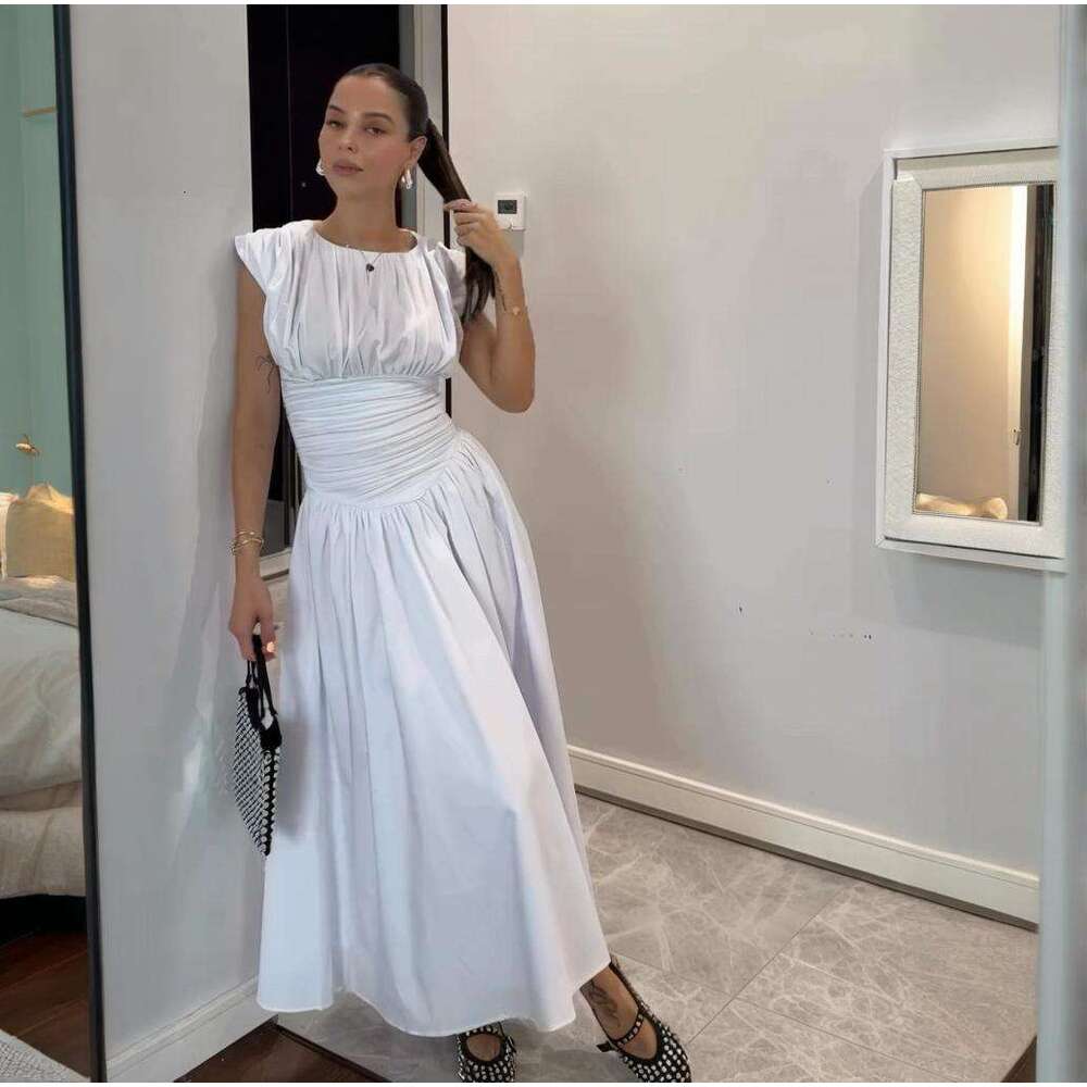 New Sweet Pure Desire Waist-Cinching Slimming A-Line French Style Girl Pleated Patchwork Short Sleeve Mid-Length Dress For Women B5