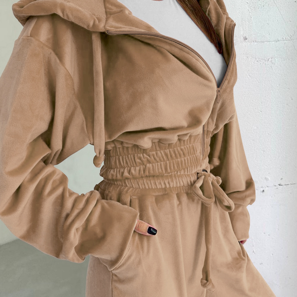Free shipping designer for women Solid color hooded casual zipper sports suit suede jacket long pants two piece set