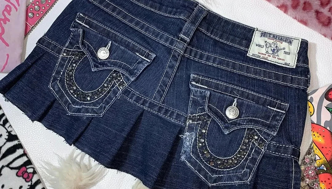 Blue Retro Goth Skirt Embroidered Pocket Patchwork Y2k Denim Mini with High Waist and Hip Bag Harajuku Streetwear Skirts 250714