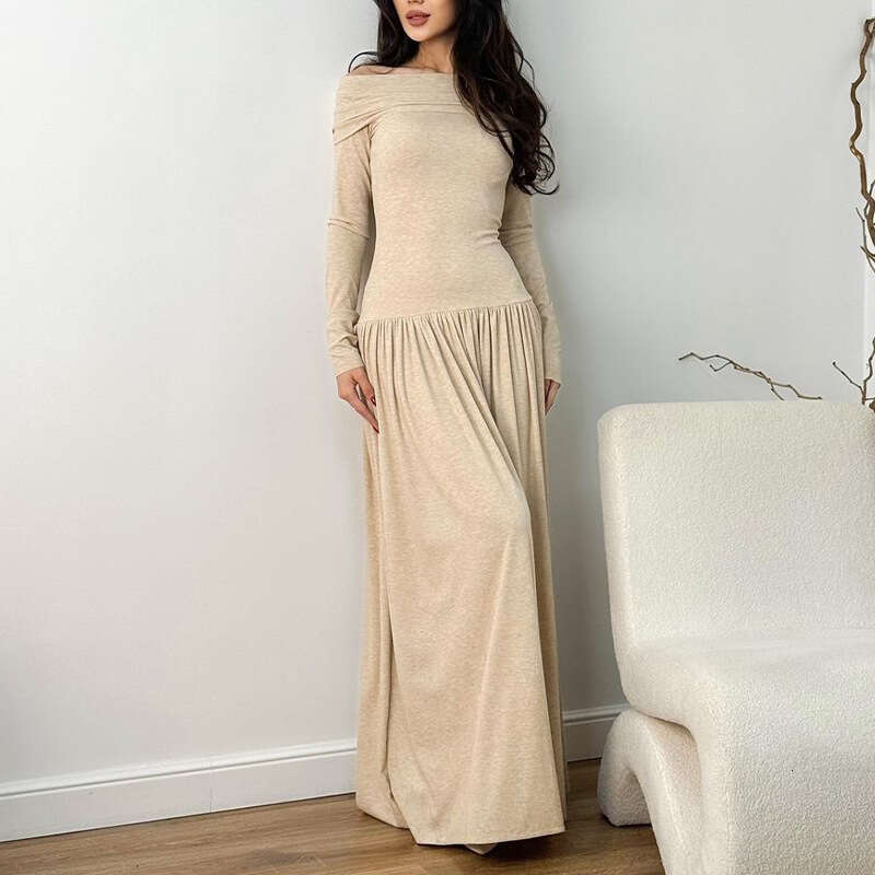 Spring Women's Fashion Casual Elegant French Off-Shoulder Sexy Slim Long Dress B5