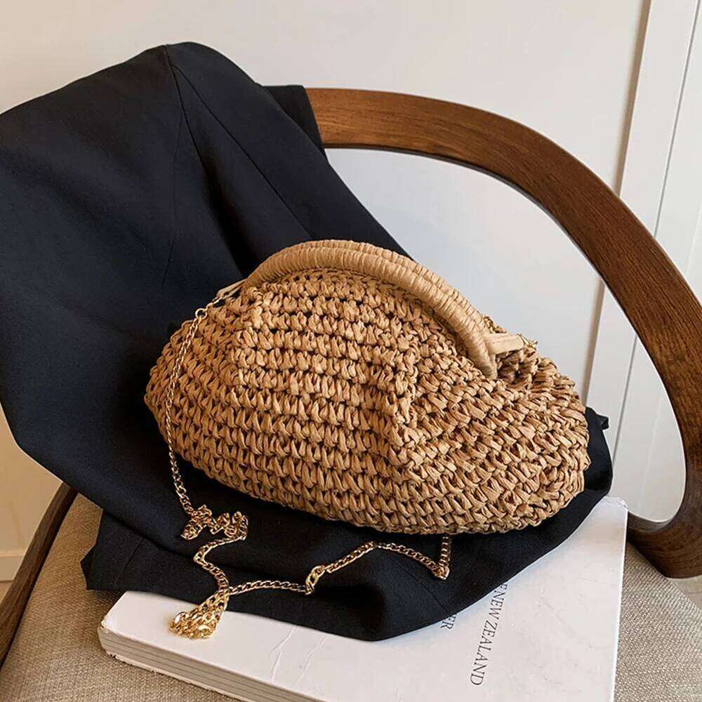 Women Straw Woven Chain Strap Stylish Crossbody Large Capacity Weaving Satchel Bag Solid Color For Party Vacation