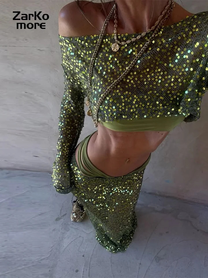 Beach Sequin Crop Top Long Skirt Set Women Slim Slash Neck Long Sleeve Jumper Mermaid Skirt Summer See Through Green Outfit 250714