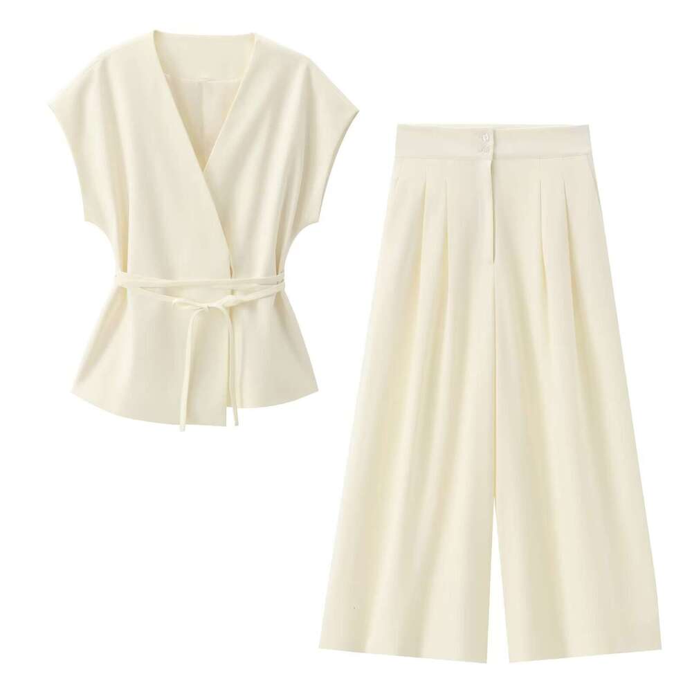 TRAFZA Spring Summer New Style Women's Fashionable Casual Sleeveless Double-Breasted Vest And Pleated Pants Set B5