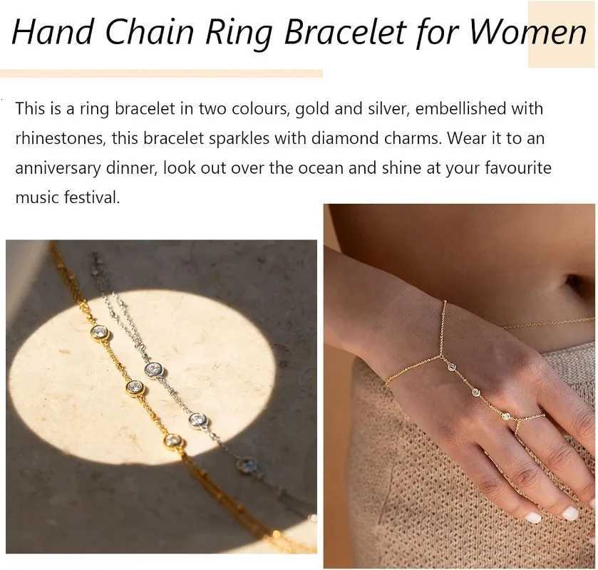 14k Gold Plated Hand Chain Ring Bracelet Jewelry for Women Girls Dainty Trend 2024 Summer Adjustable Chain Zircon Finger Ring XJ250715