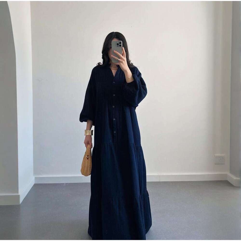 Summer New V-Neck Button Lantern Sleeve Solid Color Women's Sexy Slim Dress B5