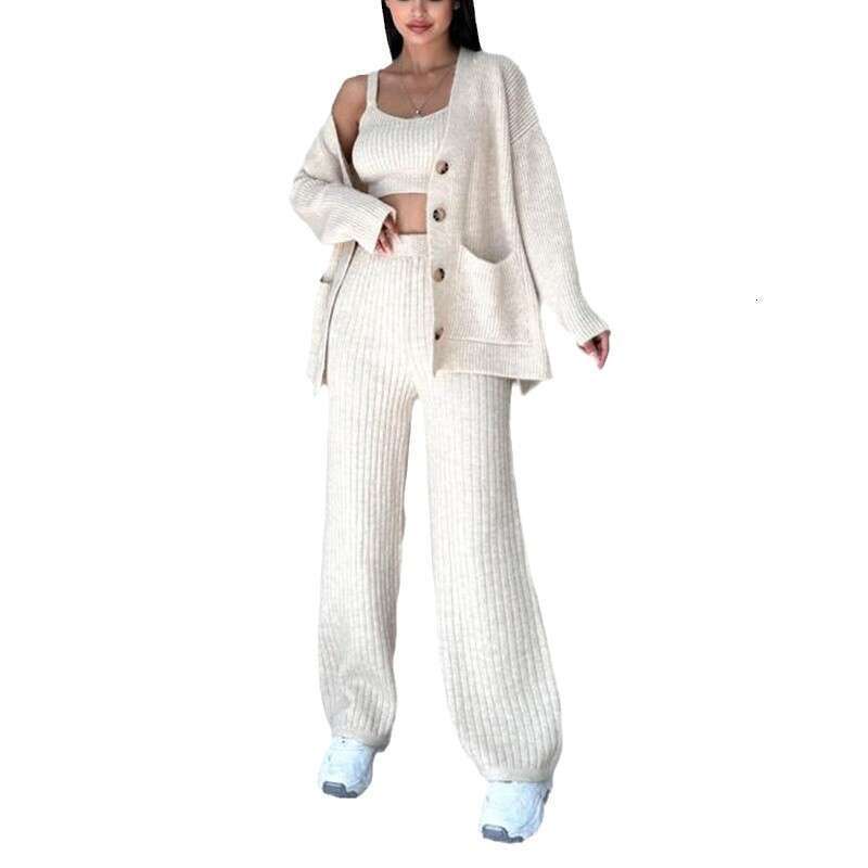 Spring Women's Clothing Sweater Button Cardigan Jacket Vest Long Pants Three-Piece Set B5