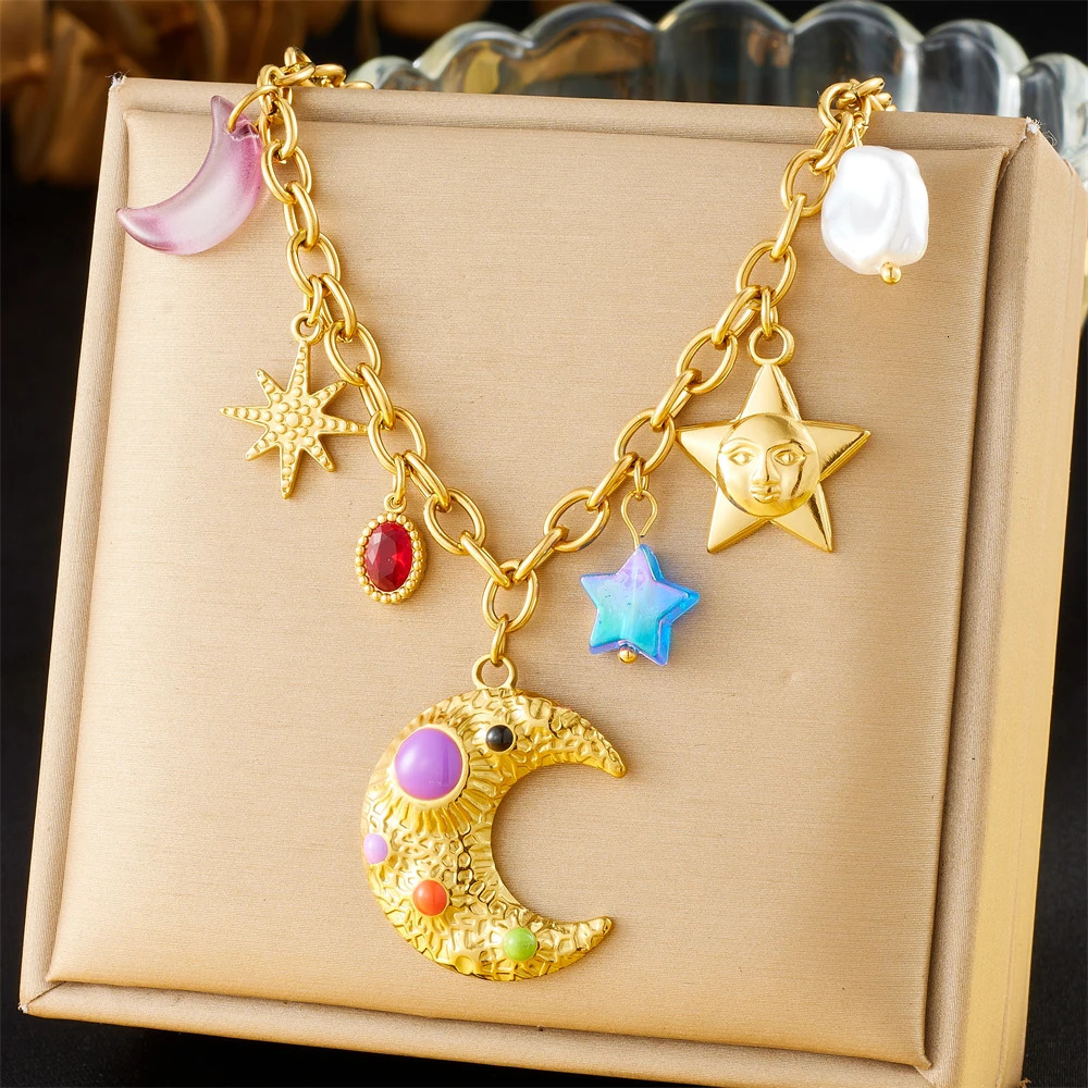 DIEYURO 316L Stainless Steel Colorful Enamel Moon Stars Multi Pendant Necklace Lady Fashion Neck Chain Waterproof Jewelry Gif 250711