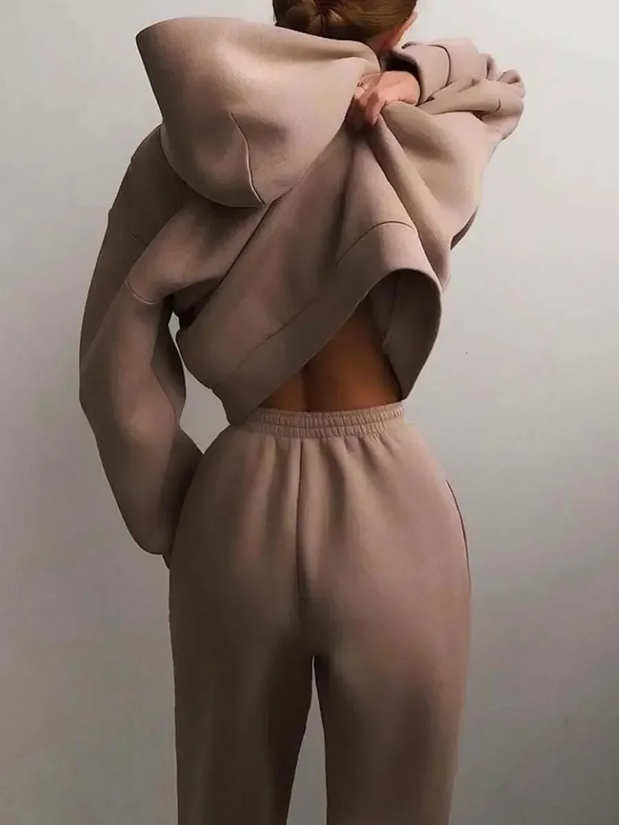 Womens Tracksuit Suit Autumn Fashion Warm Hoodie Sweatshirts Two Pieces Oversized Solid Casual Hoody Pullovers Long Pant Sets 250714