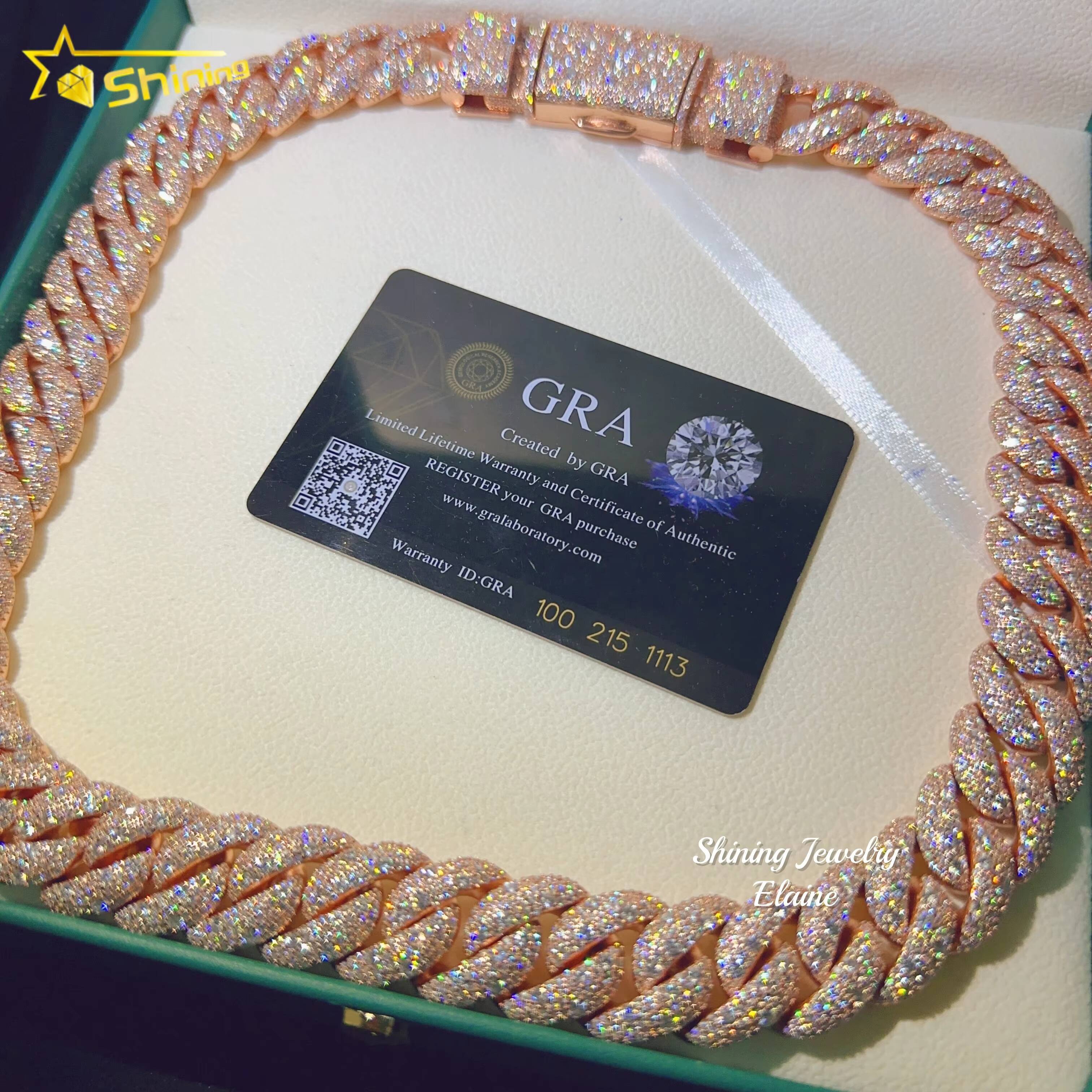 Pass Diamond Tester Vvs Moissanite Diamond 18MM Chain 925 Sterling Silver Iced Out Rose Gold Plated Cuban Link Chain