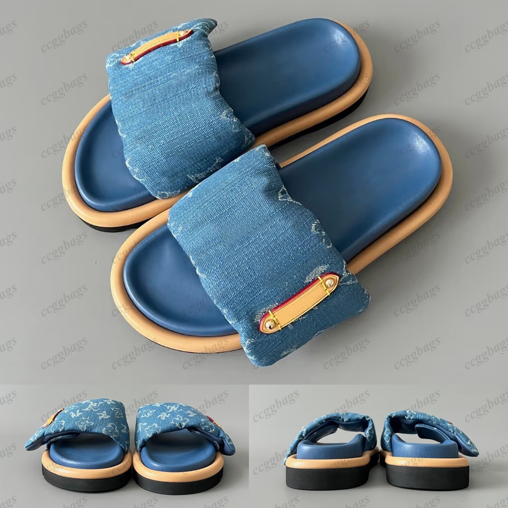 Designer sandals slippers for women slides comfort embossed ladies mules flats shoes triple black pink deep denim blue luxury fashion woman men sliders