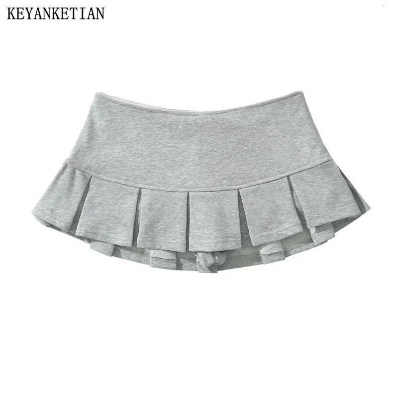 KEYANKETIAN New Womens Terry Fabric Low Waist Y2K Mini Skirt Wide Pleat Decoration Light Grey Flounce A Line Skort Hot Sweet R250728