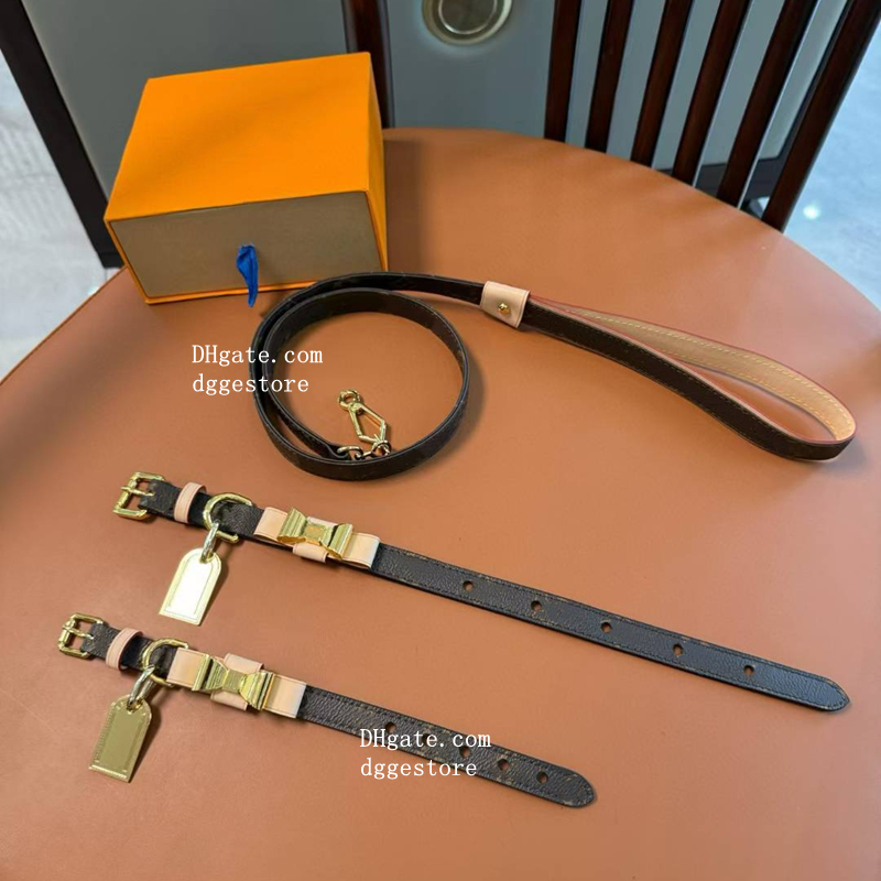 Designer Dog Collars Leash set, Luxury Leather Pets Collar with Detachable Bow Tie, High End Golden Hardware Accessories, Puppy Cats Fashion Dog Birthday Gift Brown 299