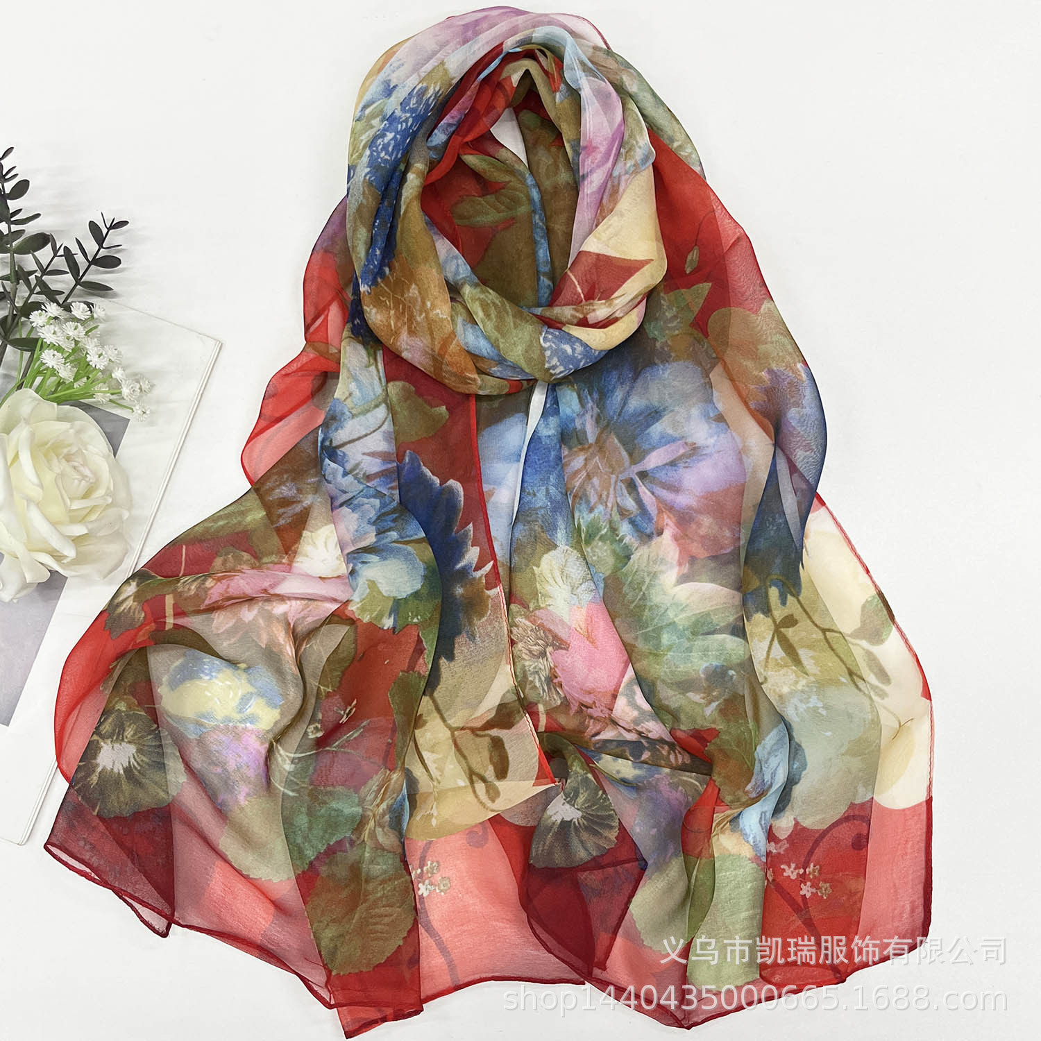 K1365 Fashionable and versatile Georgette silk scarf for women, summer sun protection scarf, moonlight forest thin long strip printed cross-border sha