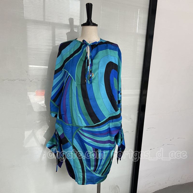 Color Blocked Women Mini Dress Round Neck Drawstring Short Dresses Summer Vacation Street Style Dress