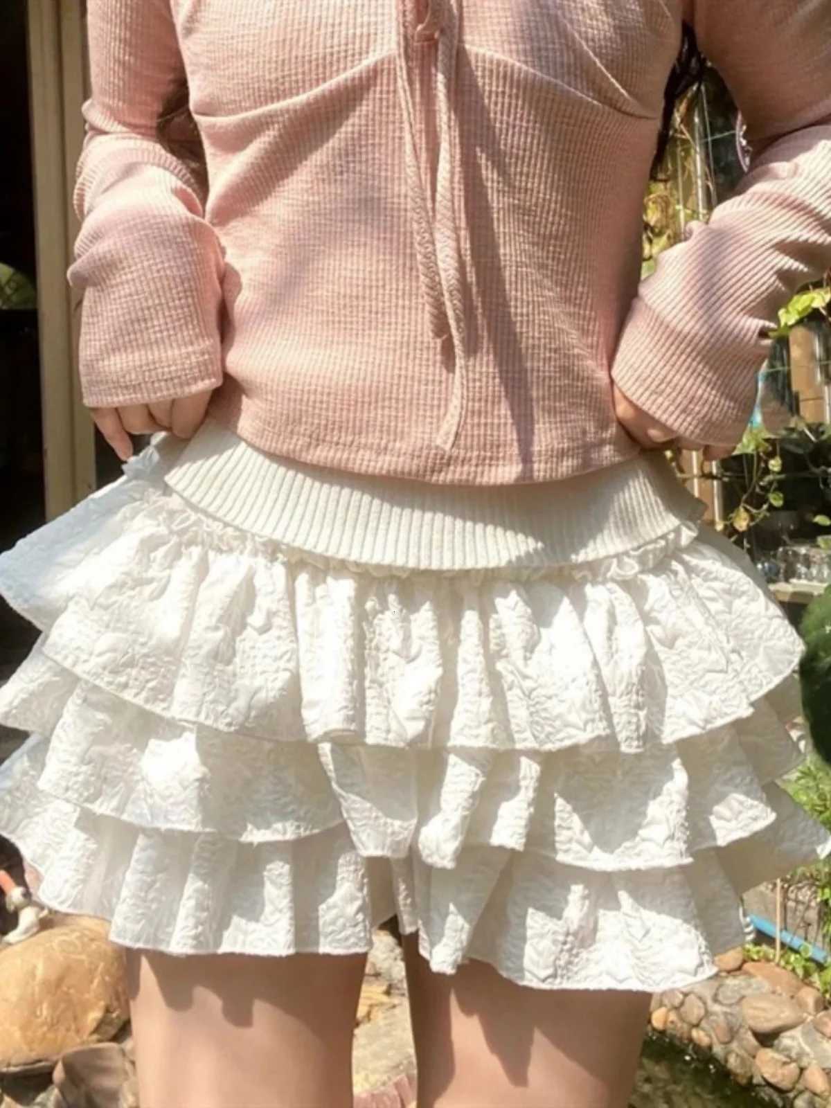 Kawaii Ball Gown Short Skirt Pleated Ruffles Layered High Waist Solid Mini Cake Skirts Lolita Girl Sweet Cute Elastic Waist Y2K R250715