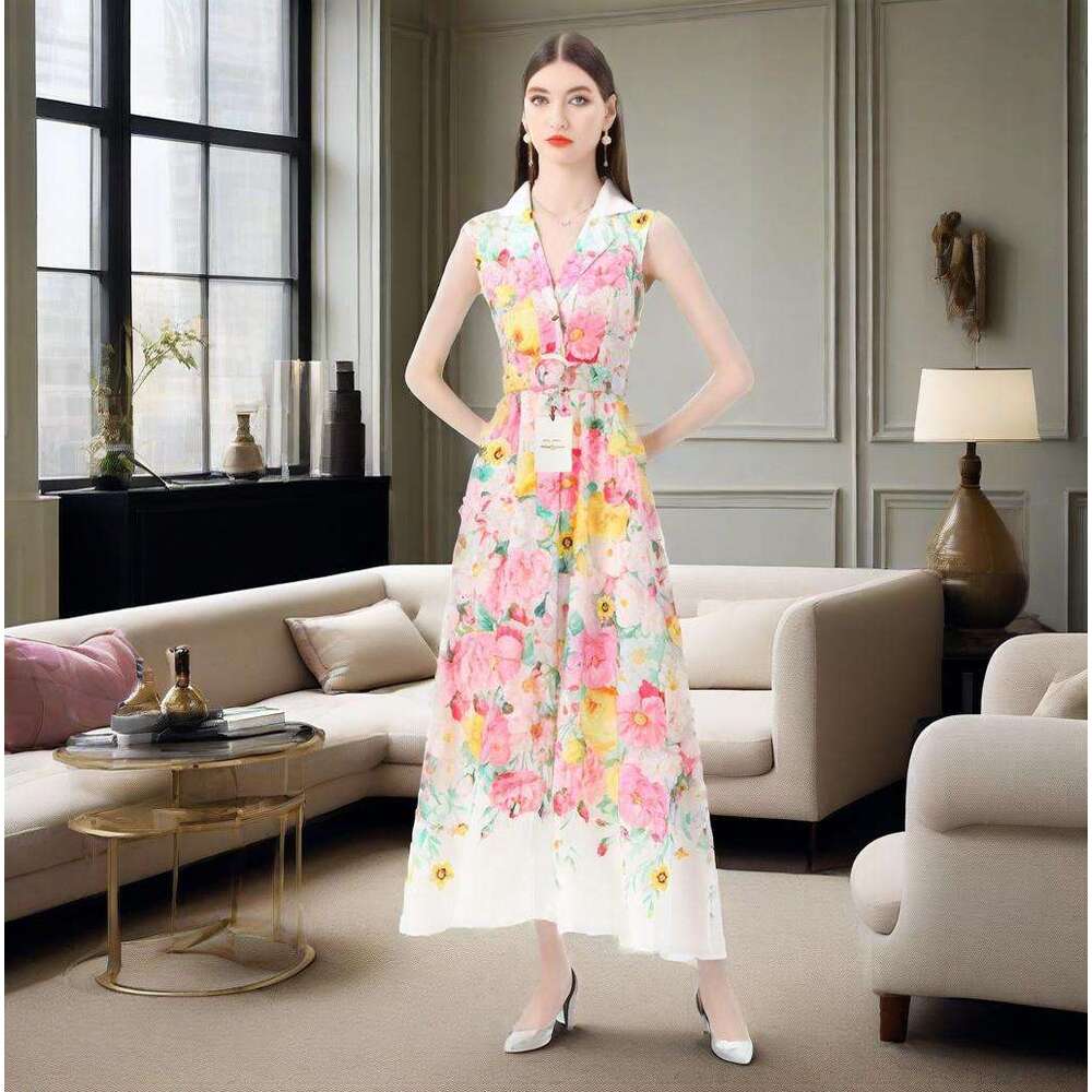 Women's Vacation Style Suit Collar Sleeveless Slim Lace Floral Print Long Dress B5
