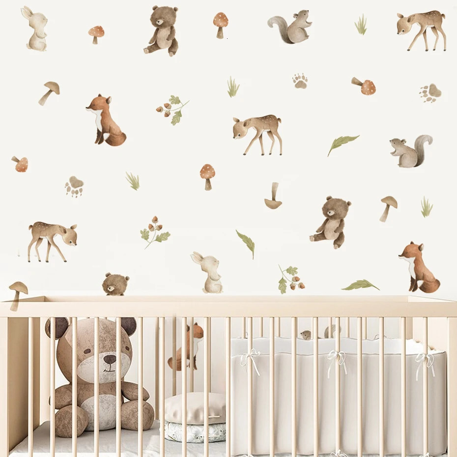 Watercolor Woodland Animals Bear Deer Leaf Wall Stickers for Kids Room Bedroom Living Room Home Decoration Wall Decals Murals 250715