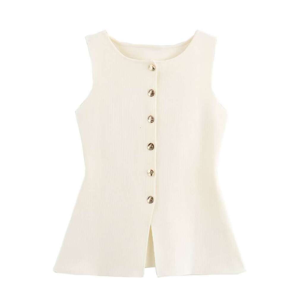 TRAFZA Style Spring Sleeveless Slim Fit Plain Knit Gold Button Vest Women's Knitted Top B5